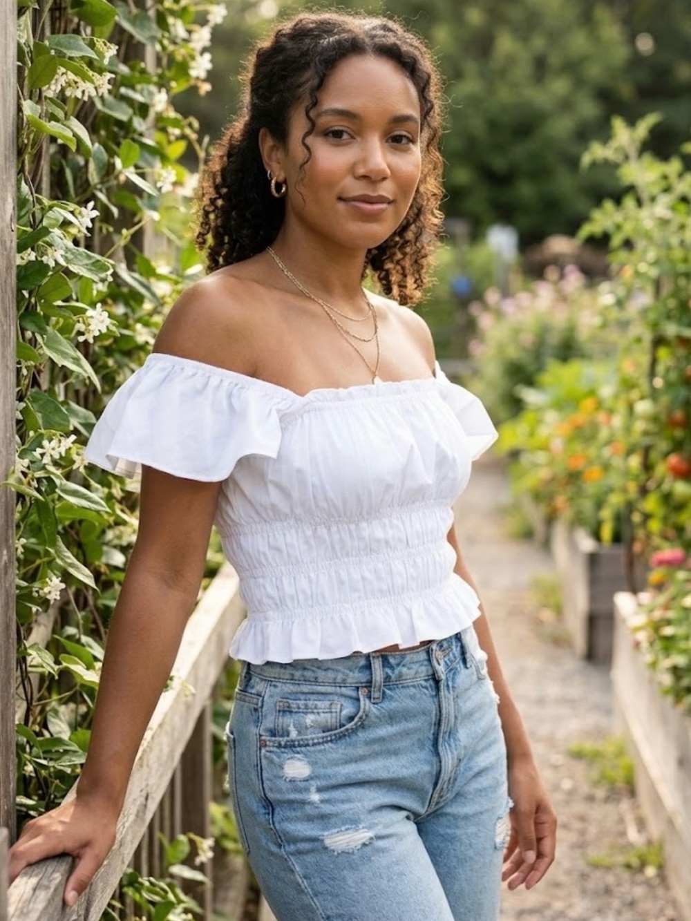 Abercrombie & Fitch White Smocked Off-Shoulder Milkmaid Crop Top - Size S